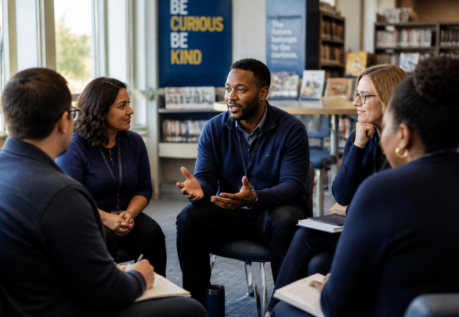 Educators seated in a restorative circle in a school library, listening as a colleague speaks